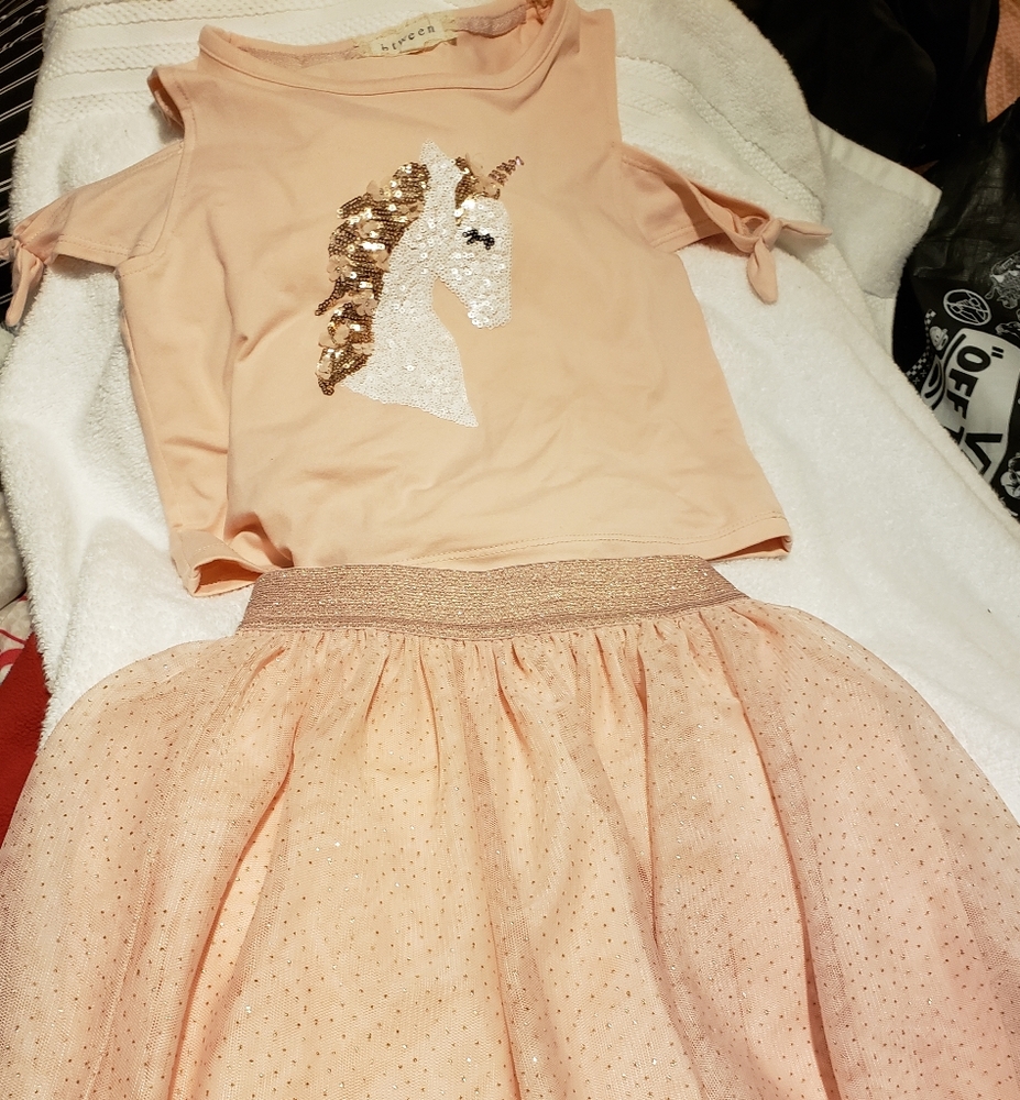 Nwot pink skirt and unicorn top set